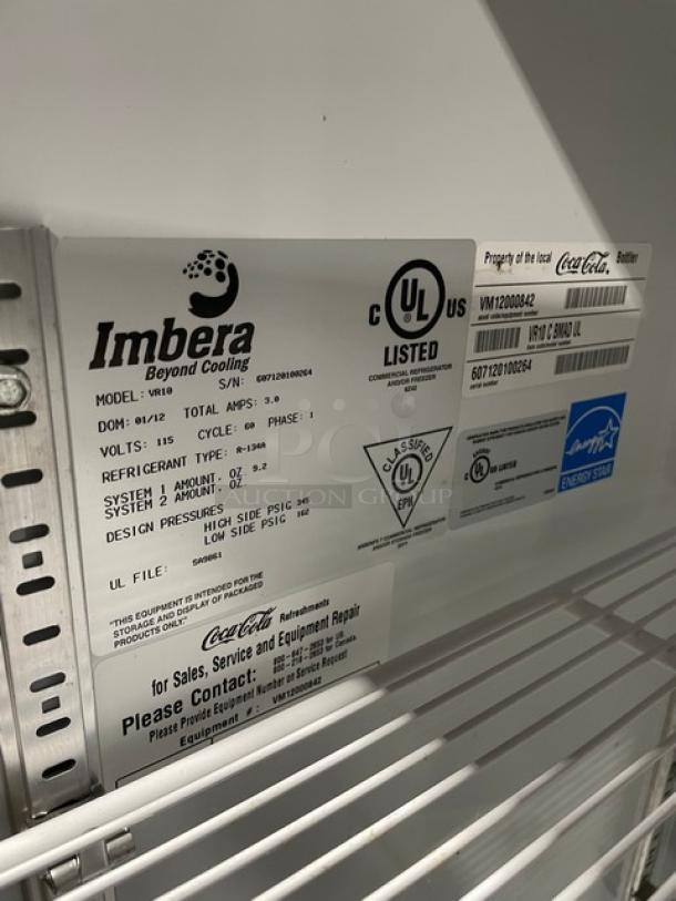 Imbera Coca-Cola Style Commercial Single Glass Door Reach In Refrigerator Merchandiser! With Poly Coated Wire Racks! Model: VR10 SN: 607120100264! 115V 1 Phase! - Image 7 of 8