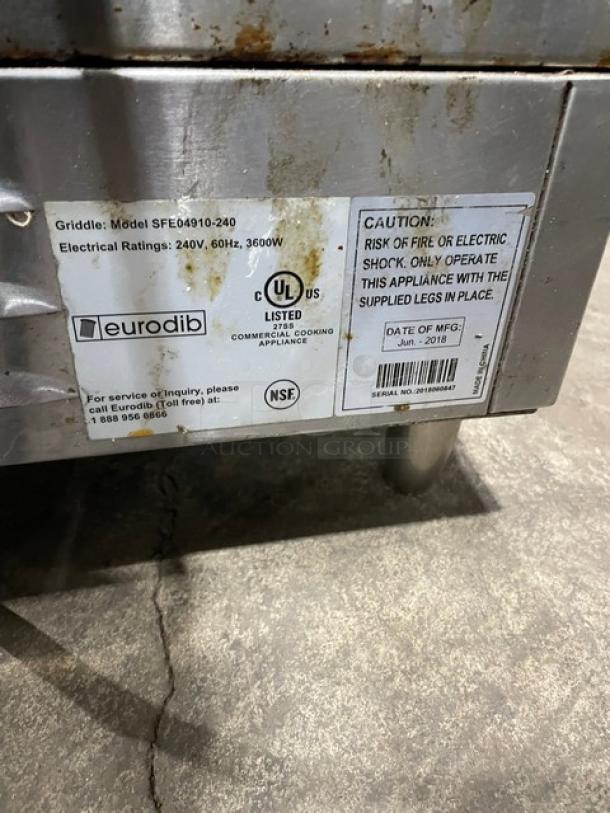 Eurodib Commercial Stainless Steel Electric Powered Countertop Flat Griddle! With Back & Side Splashes! Model: SFE04910-240 SN: 2018060847! 240V! On Legs! - Image 8 of 9