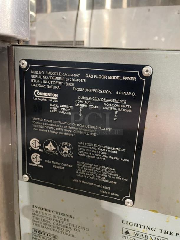 Connerton Commercial Stainless Steel Natural Gas Powered Deep Fat Fryer! With Back Splash & Fryer Basket Hanger! Model: CSG-F4-NAT SN: BK220405175! On Casters! - Image 7 of 8