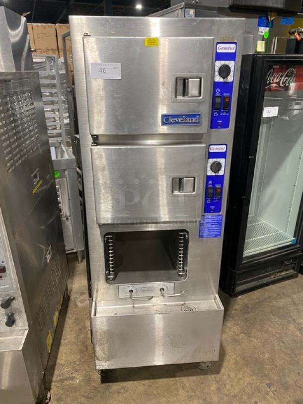 Cleveland Range Gemini Series Commercial Stainless Steel Natural Gas Powered 6 Pan Convection Steamer! With Upper & Lower Compartments! With Enclosed Pan Storage Underneath! With Built In Pan Holding Racks! Model: 24CGA6 SN: WC-69192-00F-01! On Legs! - Image 1 of 10
