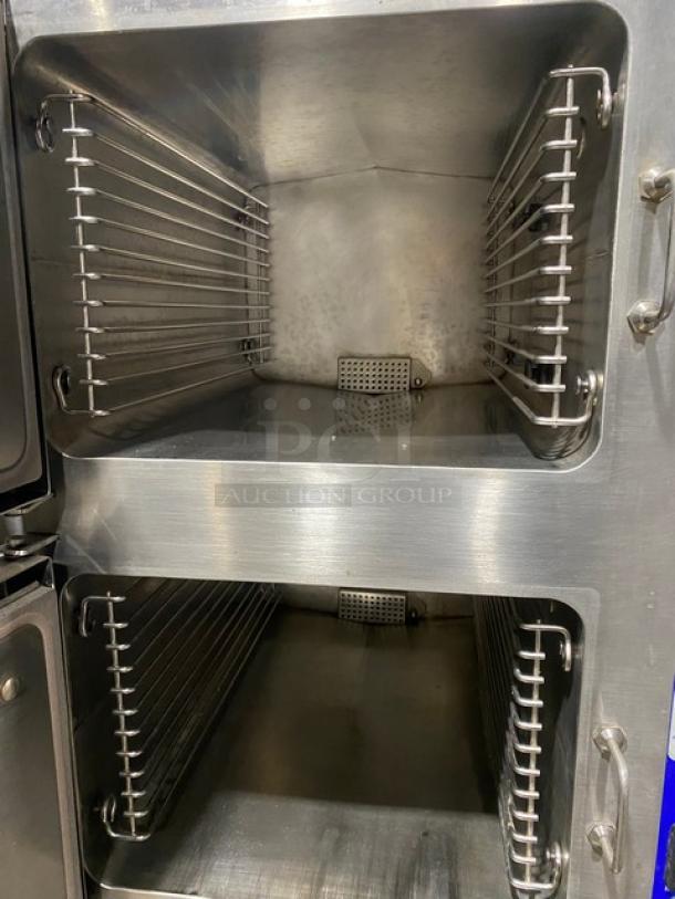 Cleveland Range Gemini Series Commercial Stainless Steel Natural Gas Powered 6 Pan Convection Steamer! With Upper & Lower Compartments! With Enclosed Pan Storage Underneath! With Built In Pan Holding Racks! Model: 24CGA6 SN: WC-69192-00F-01! On Legs! - Image 5 of 10
