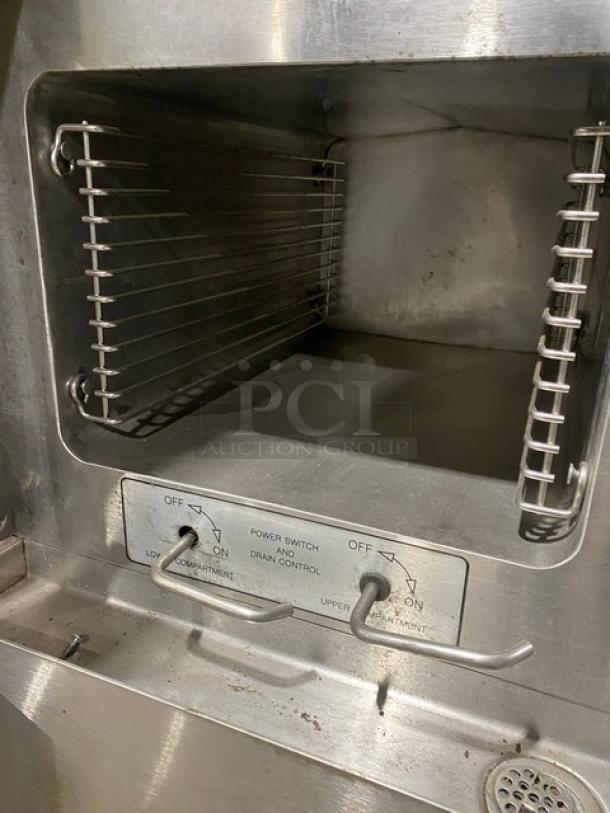 Cleveland Range Gemini Series Commercial Stainless Steel Natural Gas Powered 6 Pan Convection Steamer! With Upper & Lower Compartments! With Enclosed Pan Storage Underneath! With Built In Pan Holding Racks! Model: 24CGA6 SN: WC-69192-00F-01! On Legs! - Image 8 of 10