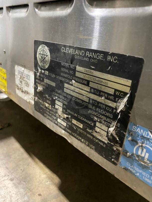 Cleveland Range Gemini Series Commercial Stainless Steel Natural Gas Powered 6 Pan Convection Steamer! With Upper & Lower Compartments! With Enclosed Pan Storage Underneath! With Built In Pan Holding Racks! Model: 24CGA6 SN: WC-69192-00F-01! On Legs! - Image 9 of 10