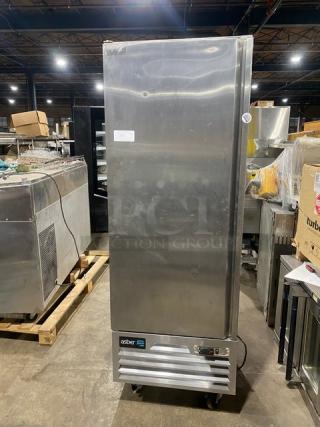 Asber Commercial Stainless Steel Solid Single Door Reach In Refrigerator! With Poly Coated Wire Racks! Model: ARR 17 F HC SN: 8102117905! 115V 1 Phase! On Casters!