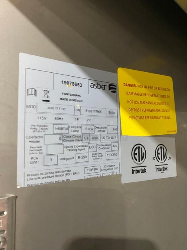 Asber Commercial Stainless Steel Solid Single Door Reach In Refrigerator! With Poly Coated Wire Racks! Model: ARR 17 F HC SN: 8102117905! 115V 1 Phase! On Casters! - Image 7 of 9