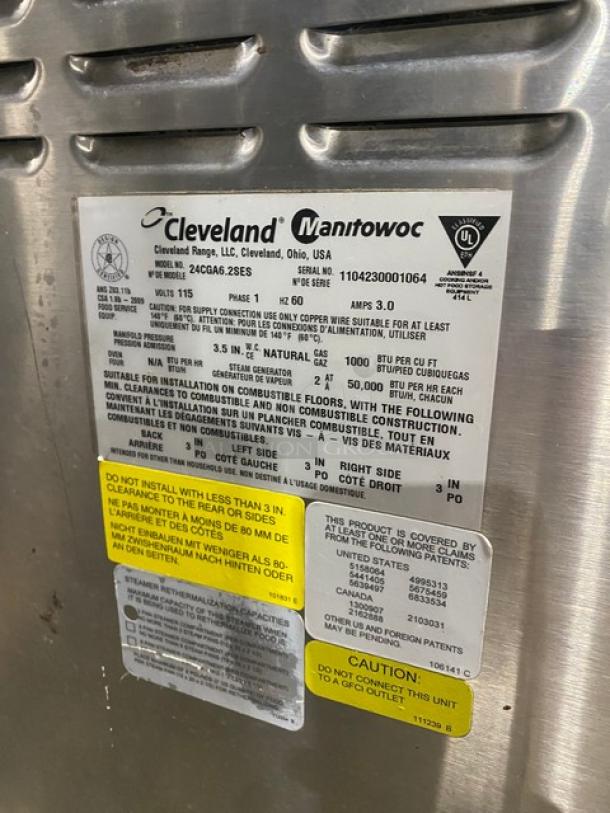 Cleveland Range Gemini Series Commercial Stainless Steel Natural Gas Powered 6 Pan SteamCraft Convection Steamer! With Upper & Lower Compartments! With Built In Pan Holding Racks! Model: 24CGA6.2SES SN: 1104230001064! 115V 1 Phase! On Legs! - Image 5 of 9