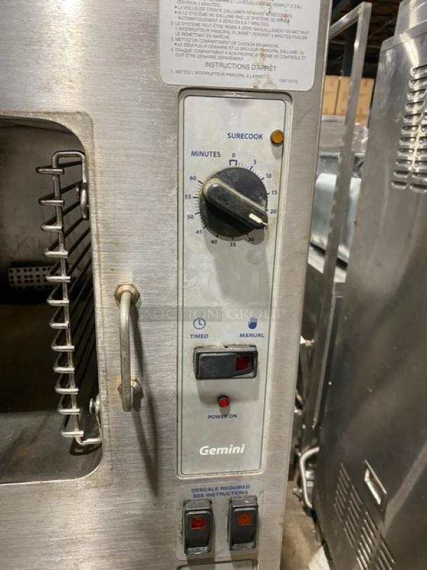 Cleveland Range Gemini Series Commercial Stainless Steel Natural Gas Powered 6 Pan SteamCraft Convection Steamer! With Upper & Lower Compartments! With Built In Pan Holding Racks! Model: 24CGA6.2SES SN: 1104230001064! 115V 1 Phase! On Legs! - Image 8 of 9