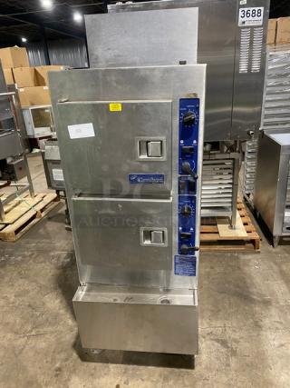 Cleveland Range Commercial Stainless Steel Natural Gas Powered 6 Pan Convection Steamer! With Upper & Lower Compartments! With Built In Pan Holding Racks! Model: 24CGA6.2S SN: WC 87823-04I-01! 120V 1 Phase! On Legs!