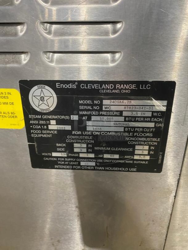 Cleveland Range Commercial Stainless Steel Natural Gas Powered 6 Pan Convection Steamer! With Upper & Lower Compartments! With Built In Pan Holding Racks! Model: 24CGA6.2S SN: WC 87823-04I-01! 120V 1 Phase! On Legs! - Image 7 of 8