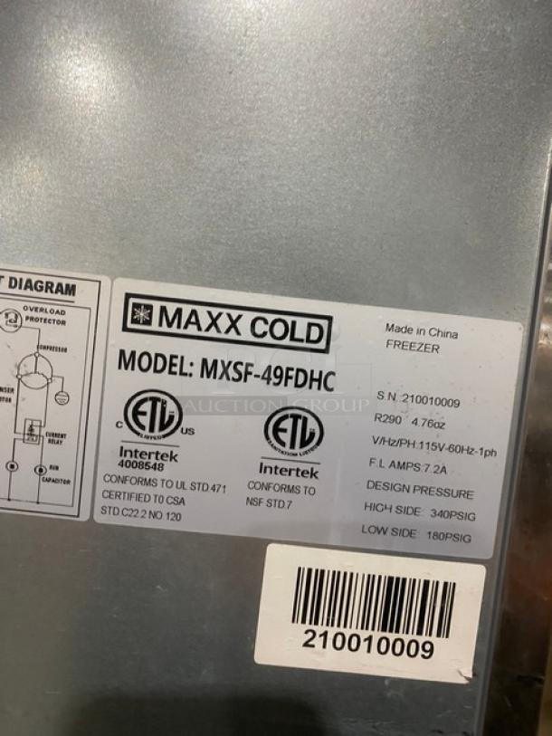Maxx Cold Commercial Stainless Steel Solid 2 Door Reach In Freezer! With Poly Coated Wire Racks! Model: MXSF-49FDHC SN: 210010009! 115V 1 Phase! On Casters! - Image 5 of 9