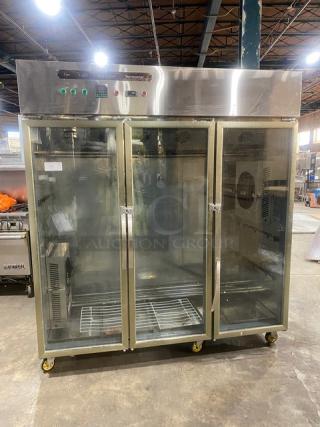 Rare Find! Commercial Stainless Steel Electric Powered Triple Glass Door Meat Curing/Aging Cabinet! On Casters!
