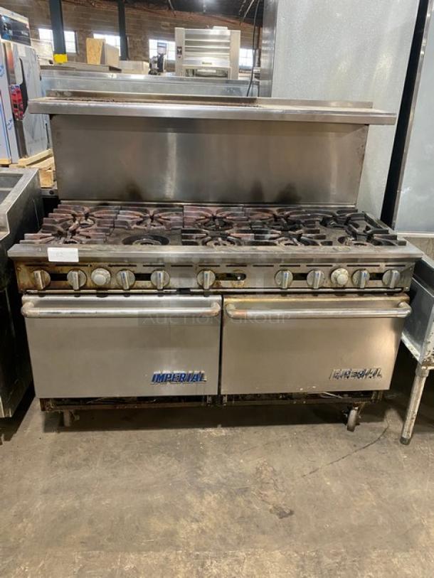 Imperial Commercial Stainless Steel Natural Gas Powered 10 Burner Range & Double Oven Combo! With Back Splash & Overhead Salamander Shelf! With Wired Oven Racks! On Casters! - Image 1 of 11