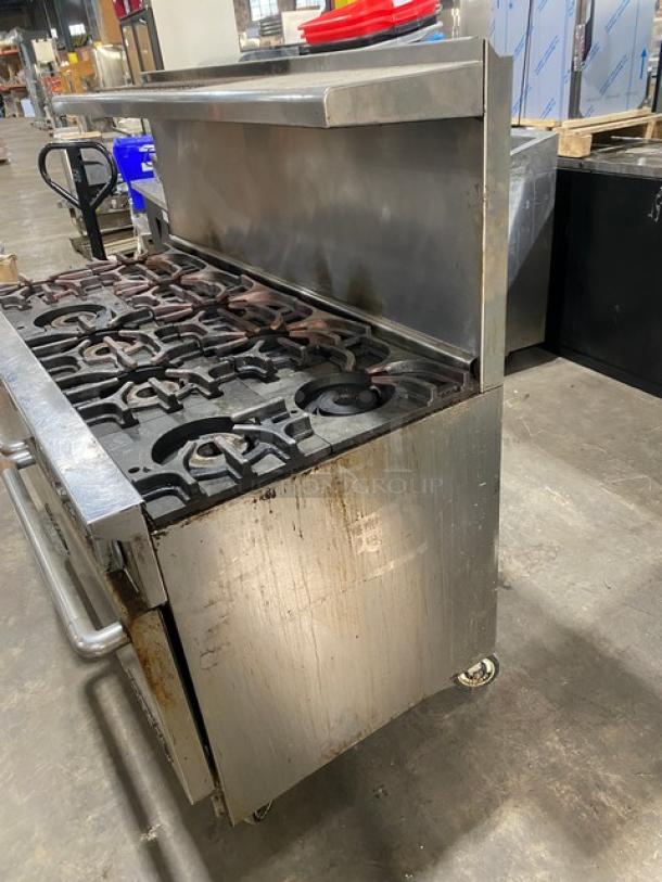 Imperial Commercial Stainless Steel Natural Gas Powered 10 Burner Range & Double Oven Combo! With Back Splash & Overhead Salamander Shelf! With Wired Oven Racks! On Casters! - Image 2 of 11