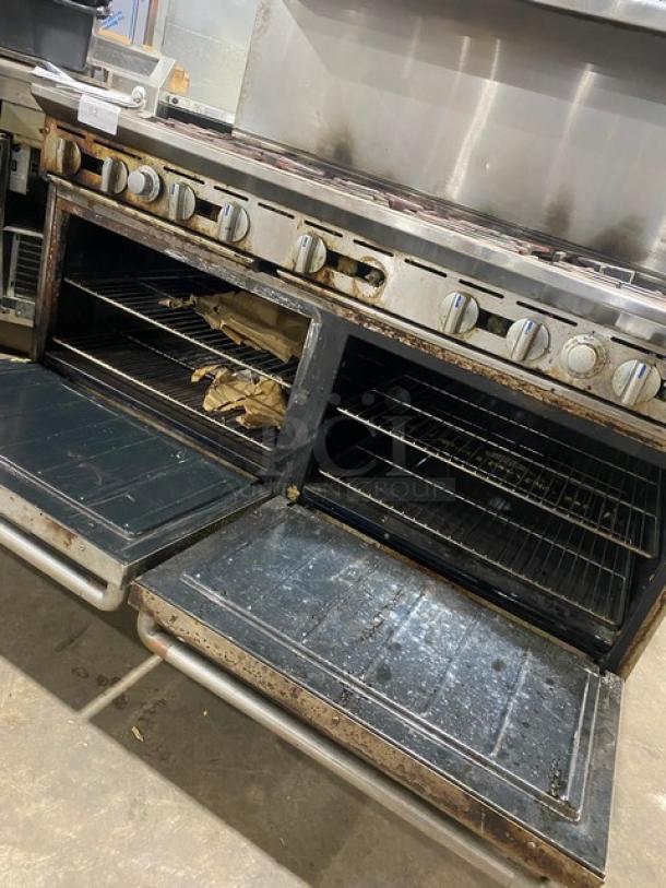 Imperial Commercial Stainless Steel Natural Gas Powered 10 Burner Range & Double Oven Combo! With Back Splash & Overhead Salamander Shelf! With Wired Oven Racks! On Casters! - Image 8 of 11