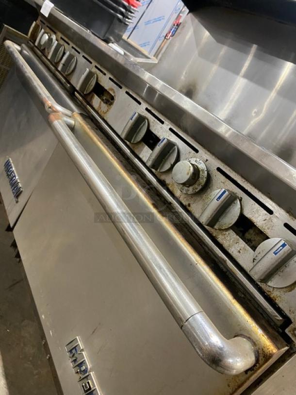 Imperial Commercial Stainless Steel Natural Gas Powered 10 Burner Range & Double Oven Combo! With Back Splash & Overhead Salamander Shelf! With Wired Oven Racks! On Casters! - Image 10 of 11