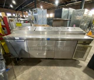 Randell Commercial Stainless Steel 2 Door/2 Drawer Refrigerated Mega Top Pizza Prep Table! With Poly Coated Wire Racks! Model: 51395PR SN: W 223453-1-1! 115V 1 Phase! On Casters!