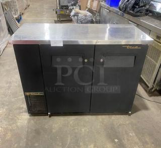 True Commercial Black 2 Door Refrigerated Back Bar Cooler! With Stainless Steel Worktop! On Casters!