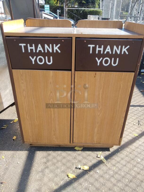 "THANK YOU!" Laminated Wooden DOUBLE RESTAURANT TRASH CAN With Cabinets And Tray Top - GREAT CONDITION - Image 5 of 5