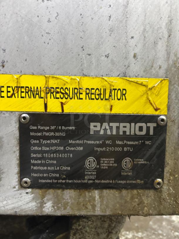 Patriot FMGR 36-NG 6-Burner Natural Gas Range 36"W - Image 5 of 5