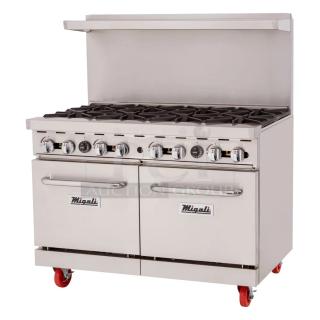 BRAND NEW! Migali C-RO8-LP Stainless Steel Commercial Propane Gas Powered 8 Burner Range w/ 2 Ovens and Back Splash on Commercial Casters. 184,000 BTU. Serial C-RO8-LPUSB200322081200920002