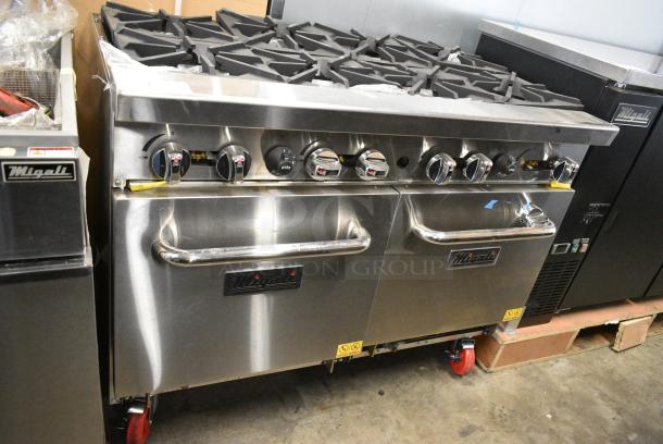 BRAND NEW! Migali C-RO8-LP Stainless Steel Commercial Propane Gas Powered 8 Burner Range w/ 2 Ovens and Back Splash on Commercial Casters. 184,000 BTU. Serial C-RO8-LPUSB200322081200920002 - Image 4 of 12
