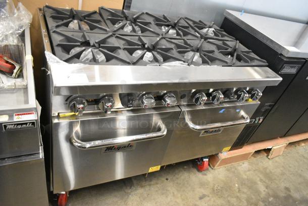 BRAND NEW! Migali C-RO8-LP Stainless Steel Commercial Propane Gas Powered 8 Burner Range w/ 2 Ovens and Back Splash on Commercial Casters. 184,000 BTU. Serial C-RO8-LPUSB200322081200920002 - Image 11 of 12