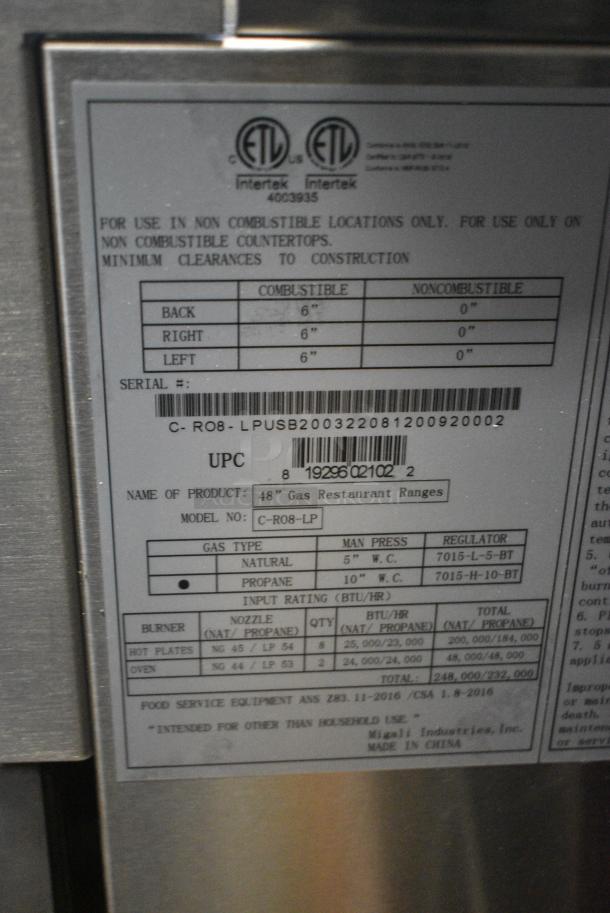 BRAND NEW! Migali C-RO8-LP Stainless Steel Commercial Propane Gas Powered 8 Burner Range w/ 2 Ovens and Back Splash on Commercial Casters. 184,000 BTU. Serial C-RO8-LPUSB200322081200920002 - Image 12 of 12