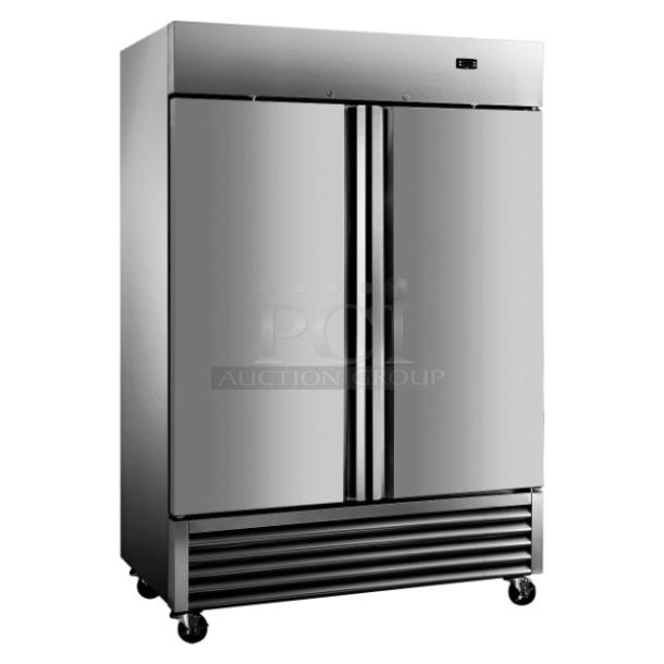 BRAND NEW! Javar STH49BR Stainless Steel Commercial 2 Door Reach In Cooler w/ Poly Coated Racks on Commercial Casters. 115 Volts, 1 Phase. Serial ST2300201ST54R22A001. Tested and Working! - Image 1 of 8