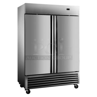 BRAND NEW! Javar STH49BR Stainless Steel Commercial 2 Door Reach In Cooler w/ Poly Coated Racks on Commercial Casters. 115 Volts, 1 Phase. Serial ST2300201ST54R22A001. Tested and Working!