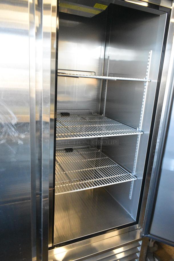 BRAND NEW! Javar STH49BR Stainless Steel Commercial 2 Door Reach In Cooler w/ Poly Coated Racks on Commercial Casters. 115 Volts, 1 Phase. Serial ST2300201ST54R22A001. Tested and Working! - Image 5 of 8