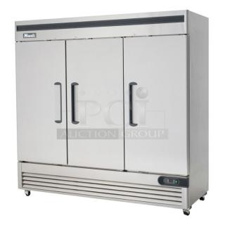 BRAND NEW! 2021 Migali C-3R-HC Stainless Steel Commercial 3 Door Reach In Cooler w/ Poly Coated Racks on Commercial Casters. 115 Volts, 1 Phase. Serial C-3R-HC003211103092C0018. Tested and Working!