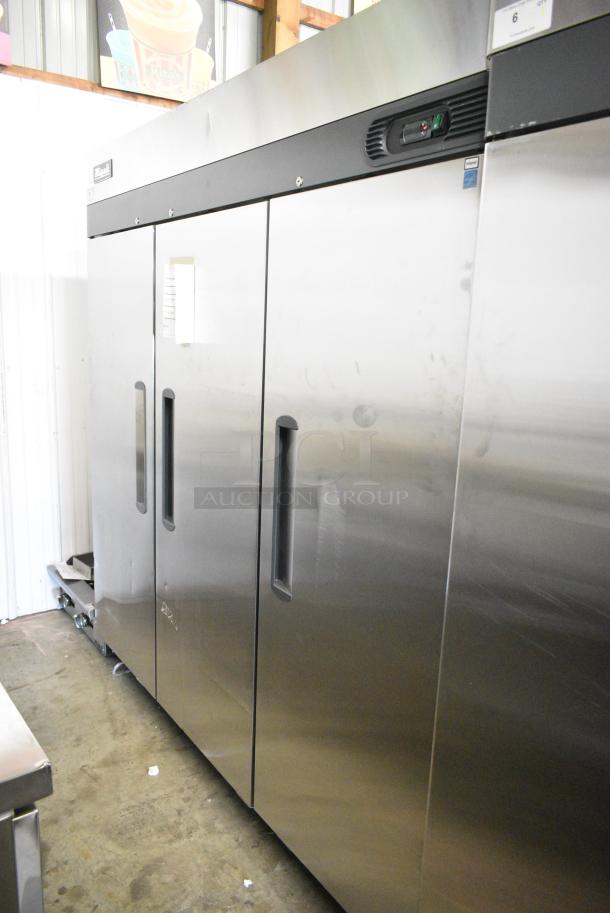 BRAND NEW! 2021 Migali C-3R-HC Stainless Steel Commercial 3 Door Reach In Cooler w/ Poly Coated Racks on Commercial Casters. 115 Volts, 1 Phase. Serial C-3R-HC003211103092C0018. Tested and Working! - Image 2 of 8