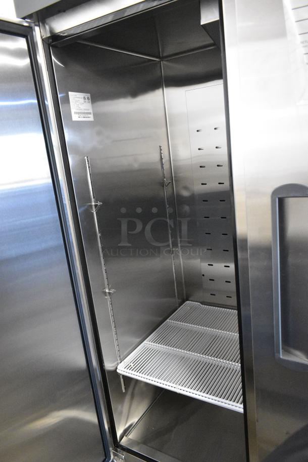 BRAND NEW! 2021 Migali C-3R-HC Stainless Steel Commercial 3 Door Reach In Cooler w/ Poly Coated Racks on Commercial Casters. 115 Volts, 1 Phase. Serial C-3R-HC003211103092C0018. Tested and Working! - Image 5 of 8