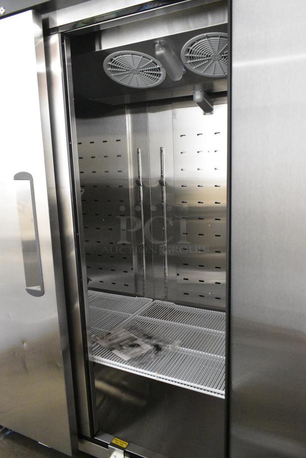 BRAND NEW! 2021 Migali C-3R-HC Stainless Steel Commercial 3 Door Reach In Cooler w/ Poly Coated Racks on Commercial Casters. 115 Volts, 1 Phase. Serial C-3R-HC003211103092C0018. Tested and Working! - Image 6 of 8