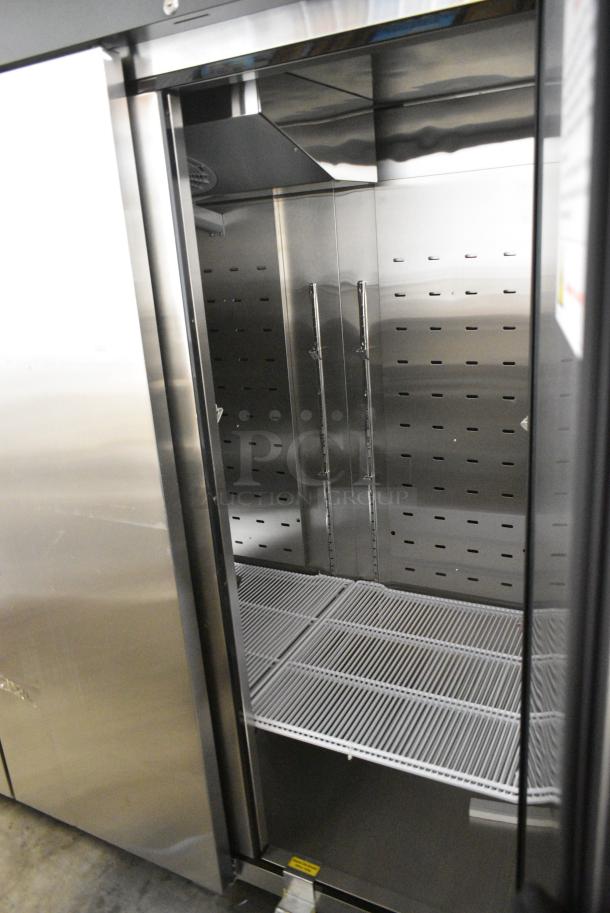 BRAND NEW! 2021 Migali C-3R-HC Stainless Steel Commercial 3 Door Reach In Cooler w/ Poly Coated Racks on Commercial Casters. 115 Volts, 1 Phase. Serial C-3R-HC003211103092C0018. Tested and Working! - Image 7 of 8