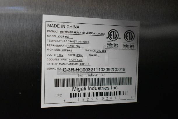 BRAND NEW! 2021 Migali C-3R-HC Stainless Steel Commercial 3 Door Reach In Cooler w/ Poly Coated Racks on Commercial Casters. 115 Volts, 1 Phase. Serial C-3R-HC003211103092C0018. Tested and Working! - Image 8 of 8