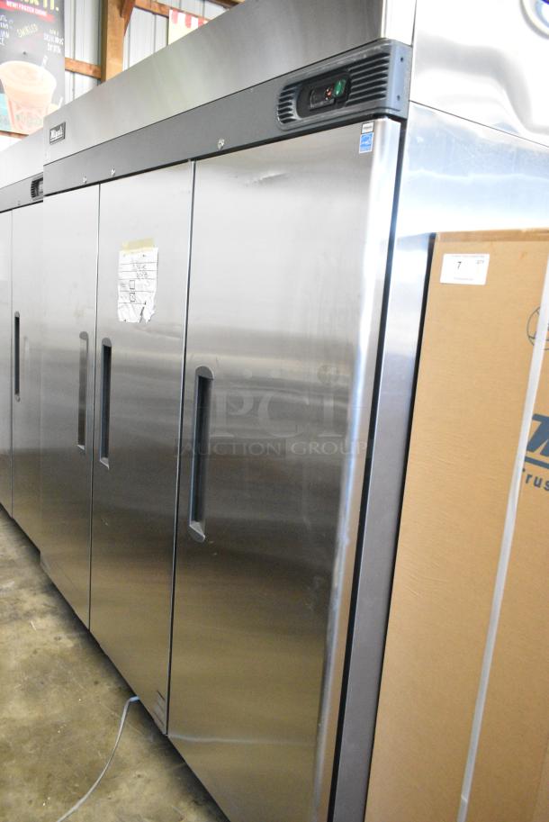 BRAND NEW! 2022 Migali C-3R-HC Stainless Steel Commercial 3 Door Reach In Cooler w/ Poly Coated Racks on Commercial Casters. 115 Volts, 1 Phase. Serial C-3R-HC003220309092C0028. Tested and Working! - Image 2 of 8
