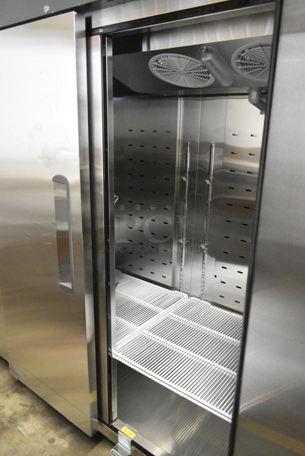 BRAND NEW! 2022 Migali C-3R-HC Stainless Steel Commercial 3 Door Reach In Cooler w/ Poly Coated Racks on Commercial Casters. 115 Volts, 1 Phase. Serial C-3R-HC003220309092C0028. Tested and Working! - Image 6 of 8