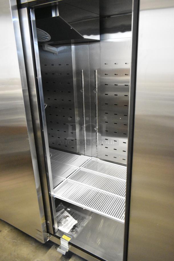 BRAND NEW! 2022 Migali C-3R-HC Stainless Steel Commercial 3 Door Reach In Cooler w/ Poly Coated Racks on Commercial Casters. 115 Volts, 1 Phase. Serial C-3R-HC003220309092C0028. Tested and Working! - Image 7 of 8