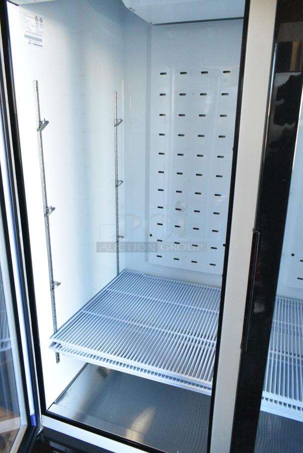 BRAND NEW! 2023 Migali C-49RM-HC Metal Commercial 2 Door Reach In Cooler Merchandiser w/ Poly Coated Racks on Commercial Casters. 115 Volts, 1 Phase. Serial C-49RM-HC003230428092C0017. Tested and Working! - Image 4 of 7