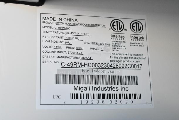 BRAND NEW! 2023 Migali C-49RM-HC Metal Commercial 2 Door Reach In Cooler Merchandiser w/ Poly Coated Racks on Commercial Casters. 115 Volts, 1 Phase. Serial C-49RM-HC003230428092C0017. Tested and Working! - Image 7 of 7