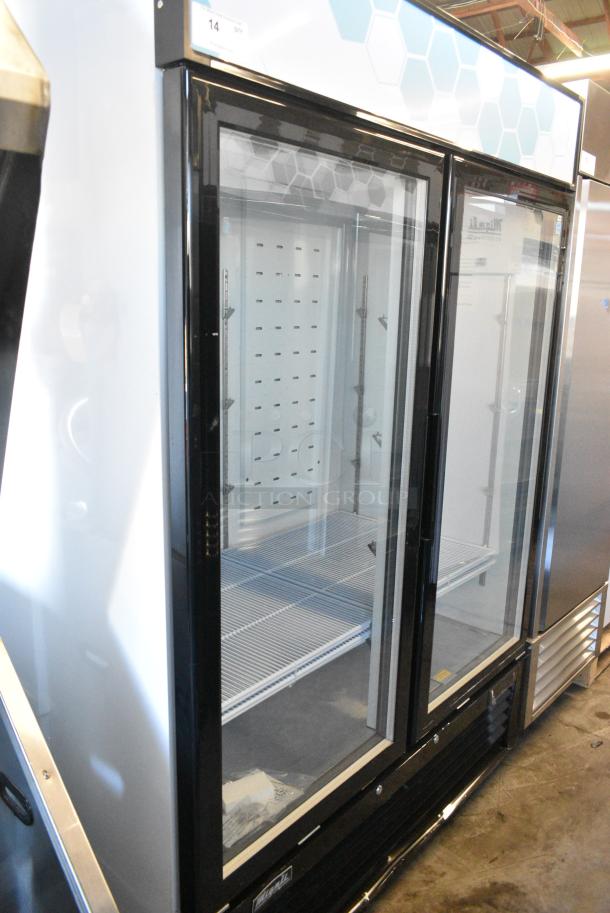 BRAND NEW! 2023 Migali C-49RM-HC Metal Commercial 2 Door Reach In Cooler Merchandiser w/ Poly Coated Racks on Commercial Casters. 115 Volts, 1 Phase. Serial C-49RM-HC003230726092C0013. Tested and Working! - Image 2 of 7