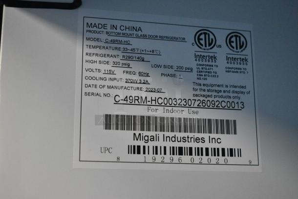 BRAND NEW! 2023 Migali C-49RM-HC Metal Commercial 2 Door Reach In Cooler Merchandiser w/ Poly Coated Racks on Commercial Casters. 115 Volts, 1 Phase. Serial C-49RM-HC003230726092C0013. Tested and Working! - Image 7 of 7