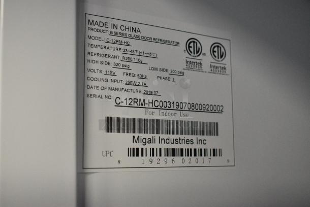 BRAND NEW! 2019 Migali C-12RM-HC Metal Commercial Single Door Reach In Cooler Merchandiser w/ Poly Coated Racks on Commercial Casters. 115 Volts, 1 Phase. Serial C-12RM-HC00319070800920002. Tested and Working! - Image 6 of 6