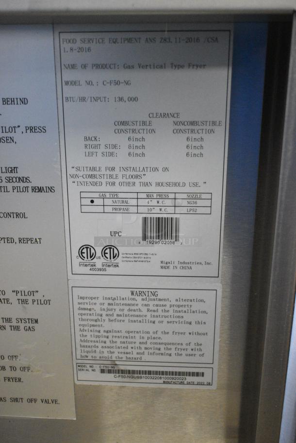 BRAND NEW! 2022 Migali C-F50-NG Stainless Steel Commercial Natural Gas Powered Deep Fat Fryer w/ 2 Metal Fry Baskets. 136,000 BTU. Serial C-F50-NGUSB100322081000920023 - Image 7 of 7
