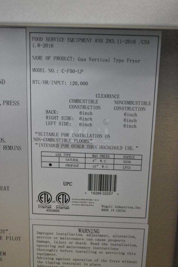 BRAND NEW!  2021 Migali C-F50-NG Stainless Steel Commercial Propane Gas Powered Deep Fat Fryer w/ 2 Metal Fry Baskets. 120,000 BTU. Serial C-F50-LPUSB200321051500920006 - Image 8 of 9