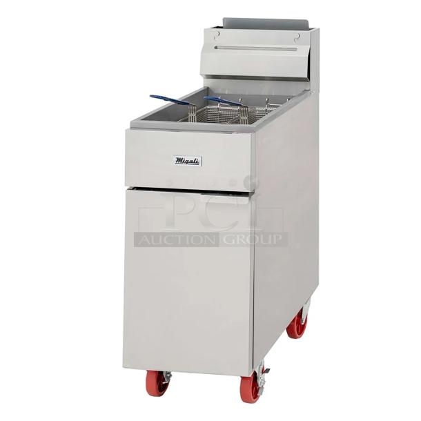 BRAND NEW! 2017 Migali C-F50-NG Stainless Steel Commercial Natural Gas Powered Deep Fat Fryer w/ 2 Metal Fry Baskets. 136,000 BTU. Serial C-F50-NGUSB100317070700920043 - Image 1 of 9
