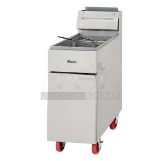 BRAND NEW! 2017 Migali C-F50-NG Stainless Steel Commercial Natural Gas Powered Deep Fat Fryer w/ 2 Metal Fry Baskets. 136,000 BTU. Serial C-F50-NGUSB100317070700920043