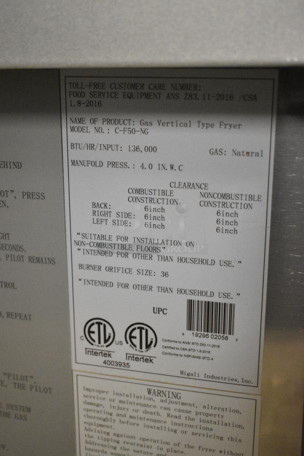 BRAND NEW! 2017 Migali C-F50-NG Stainless Steel Commercial Natural Gas Powered Deep Fat Fryer w/ 2 Metal Fry Baskets. 136,000 BTU. Serial C-F50-NGUSB100317070700920043 - Image 8 of 9
