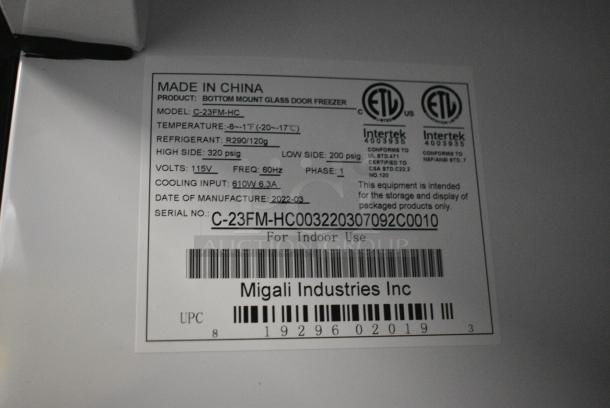 BRAND NEW! 2022 Migali C-23FM-HC Metal Single Door Reach In Freezer Merchandiser w/ Poly Coated Racks on Commercial Casters. 115 Volts, 1 Phase. Serial C-23FM-HC003220307092C0010. Tested and Working! - Image 6 of 6